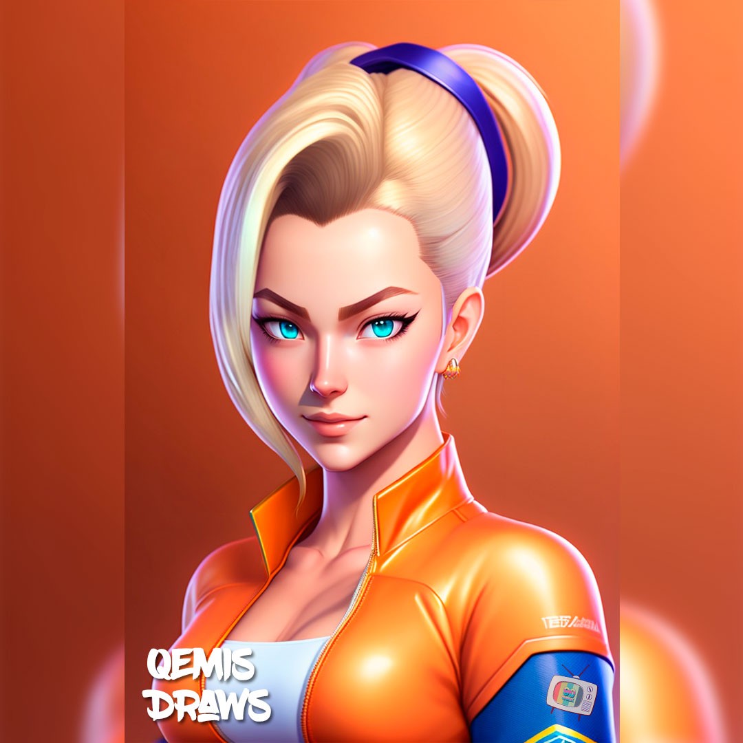 android 18 wearing an orange jacket