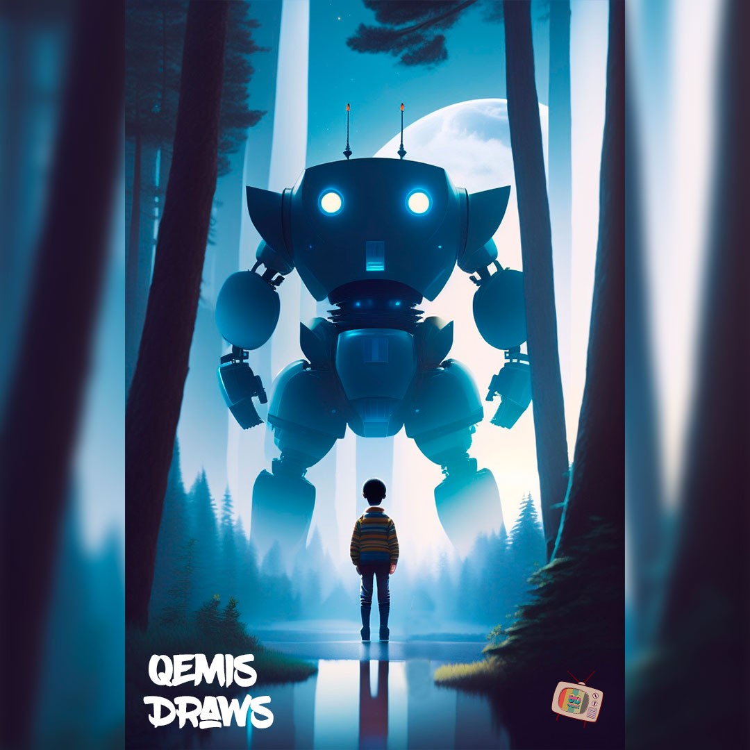 boy standing in front of a giant robot in the forest