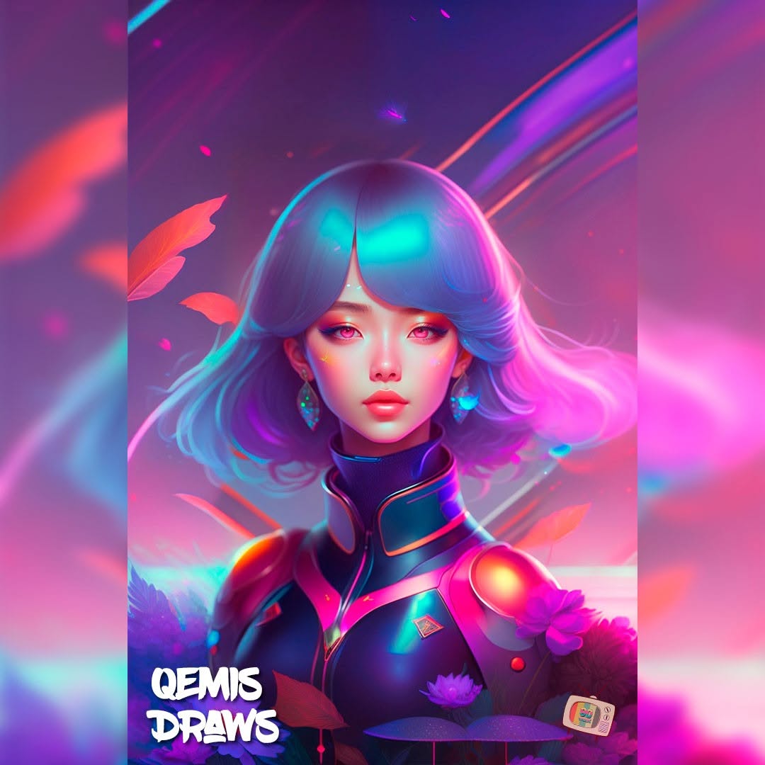beautiful woman with straight bluish hair wearing a shiny futuristic outfit