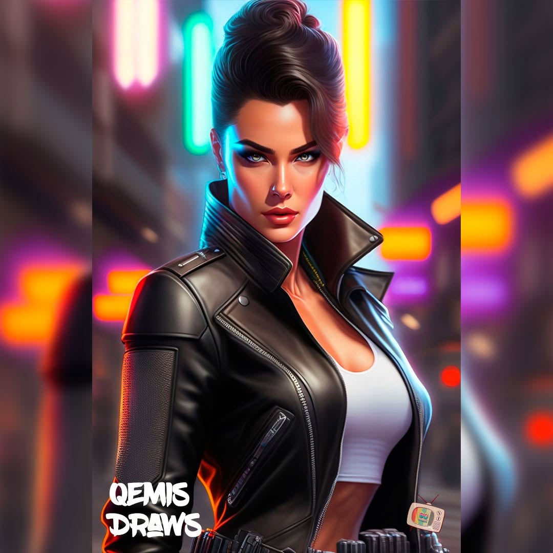 female version of t-800 wearing a leather jacket