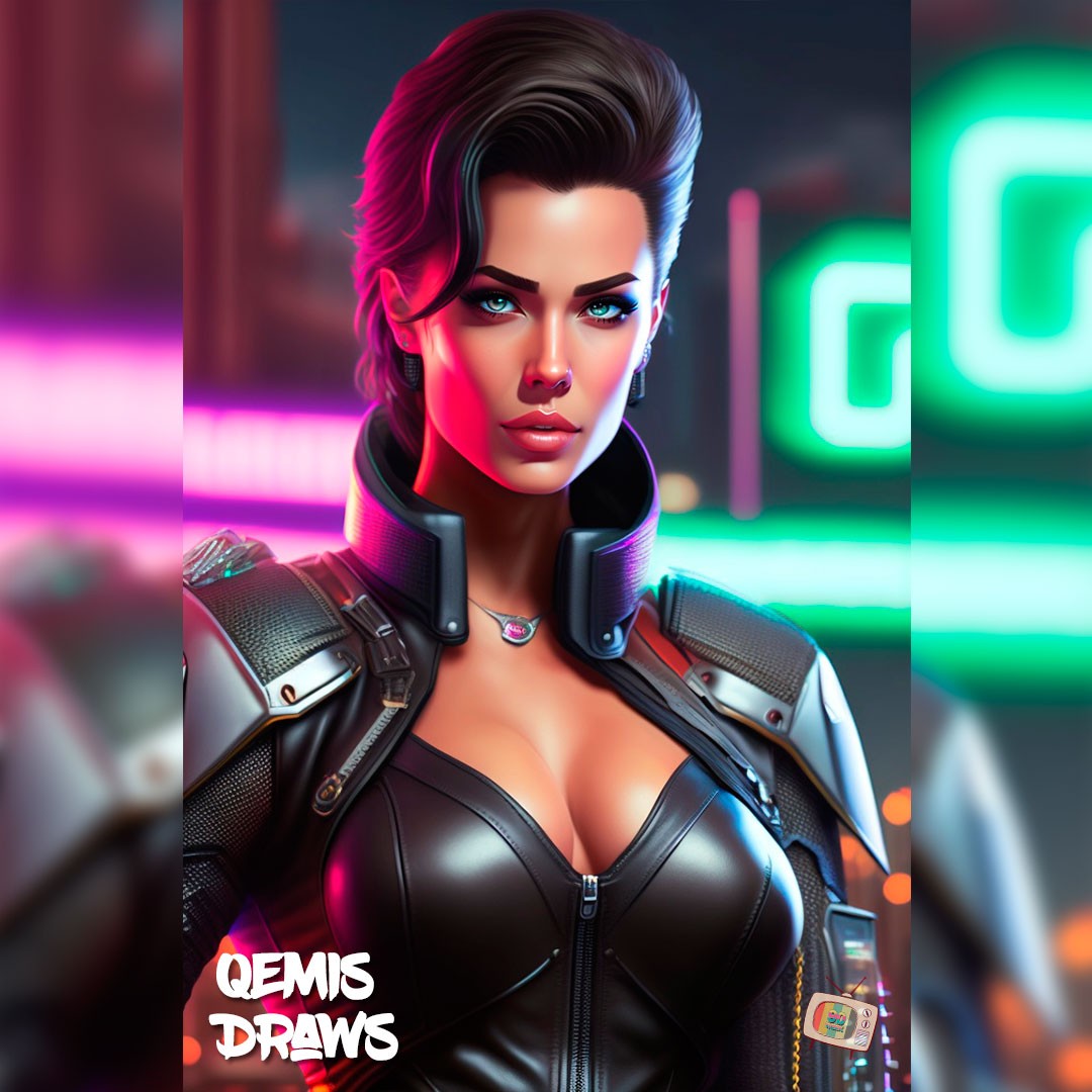 female version of t-800 wearing a leather jacket
