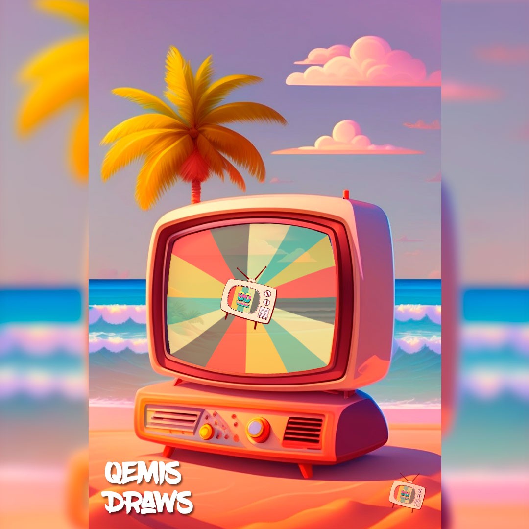 retro television resting on the sand of a beach at dusk