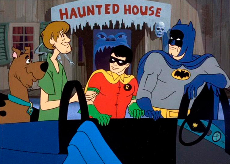 Scooby-Doo y Shaggy junto Batman y Robin.