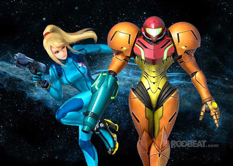Samus Aran portando Zero Suit junto al Power Suit.
