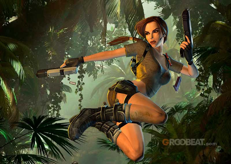 Lara Croft en pose de acción.