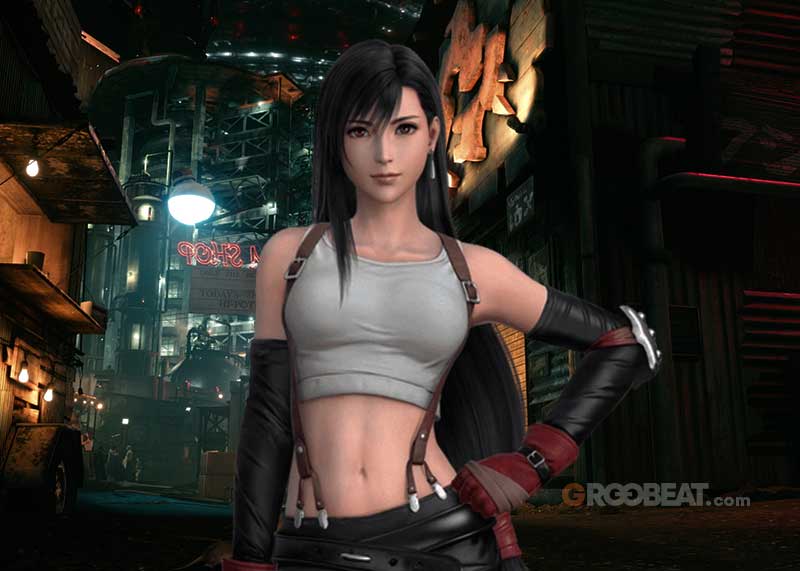 Tifa Lockhart posando en una ciudad de noche.