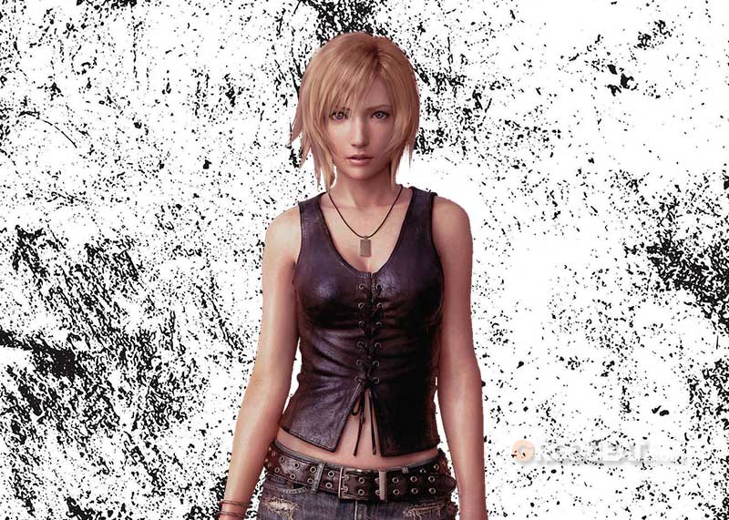 Aya Brea posando sobre un fondo blanco y negro abstracto.