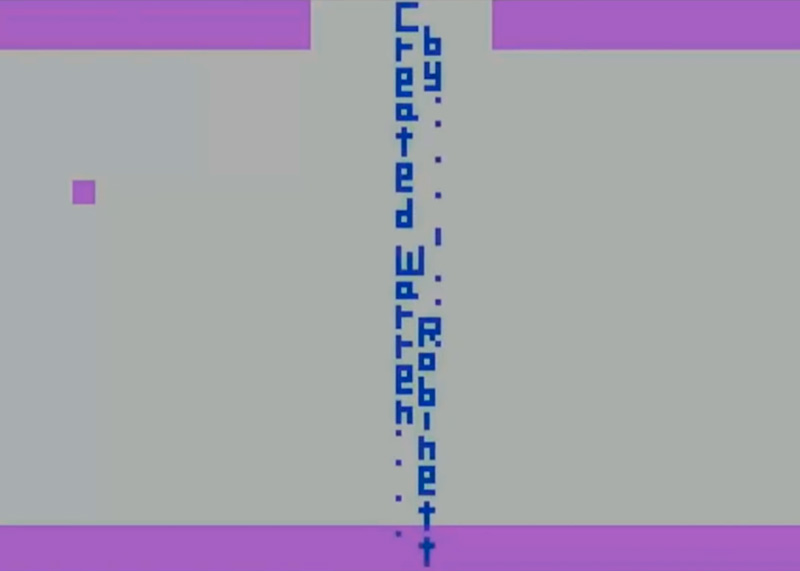 Pantalla del juego Adventure (1980) mostrando el cuarto secreto con el mensaje 'Created by Warren Robinett'.