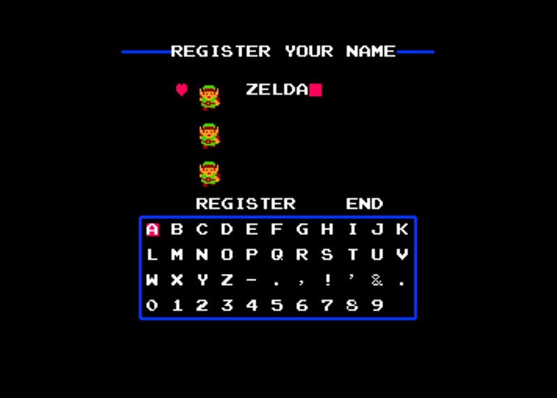 Pantalla inicial de The Legend of Zelda (1986) mostrando la creación de partida con el nombre 'ZELDA'.
