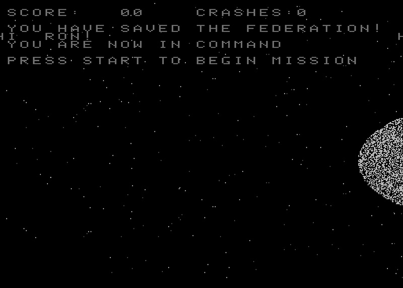 Pantalla del arcade Starship 1 (1977) mostrando el mensaje secreto 'Hi Ron!'.