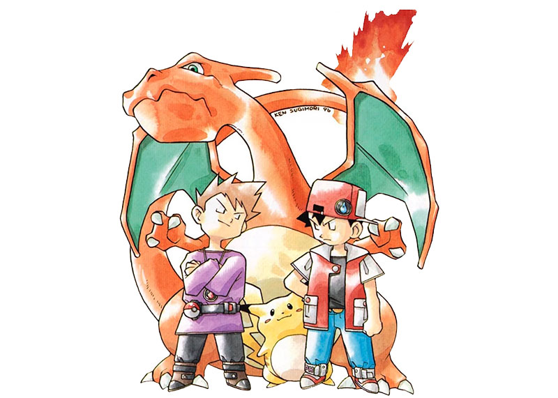 Ilustración de dos entrenadores Pokémon junto a un Charizard y un Pikachu.