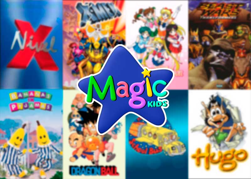 Logo de Magic Kids sobre collage de series animadas del canal.