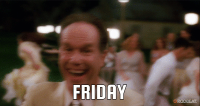extremely happy man with creepy grin stares as he spins around, caption says “FRIDAY”