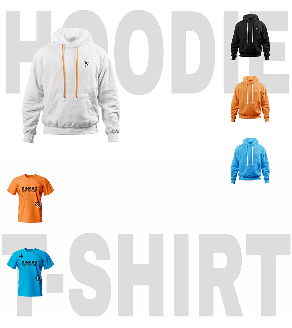 Mockups of the brand's clothes.