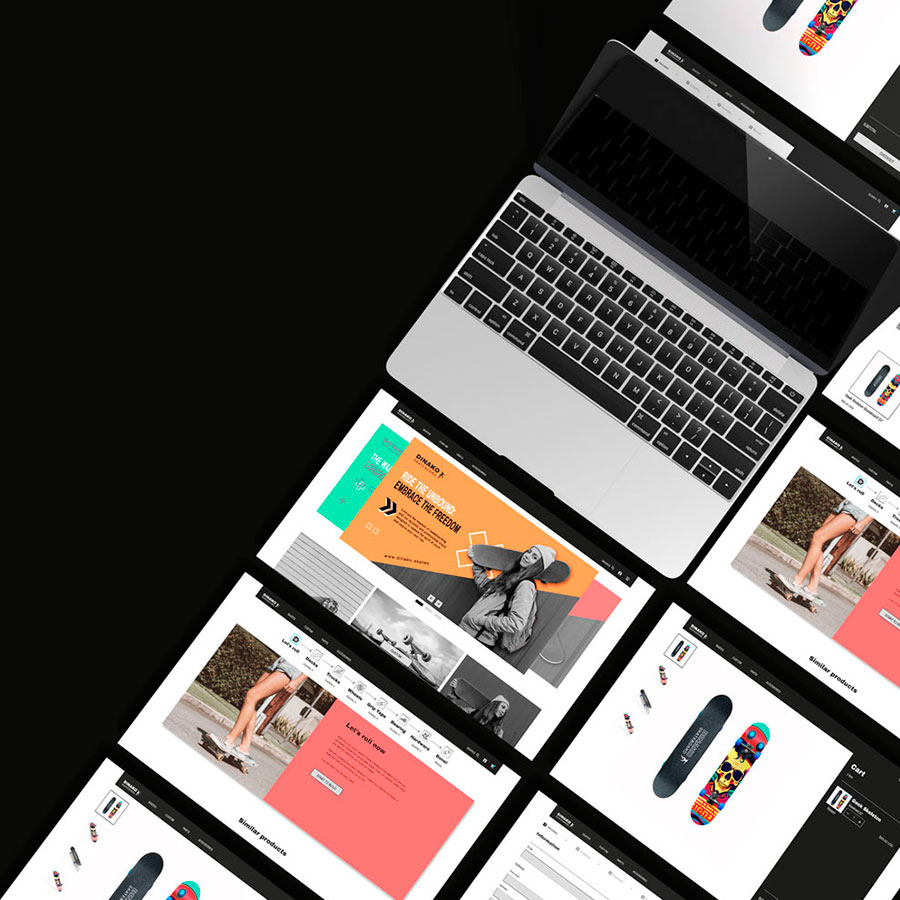 Proyecto de diseño web responsive para una tienda online de skateboard. Cliente: Dinako.